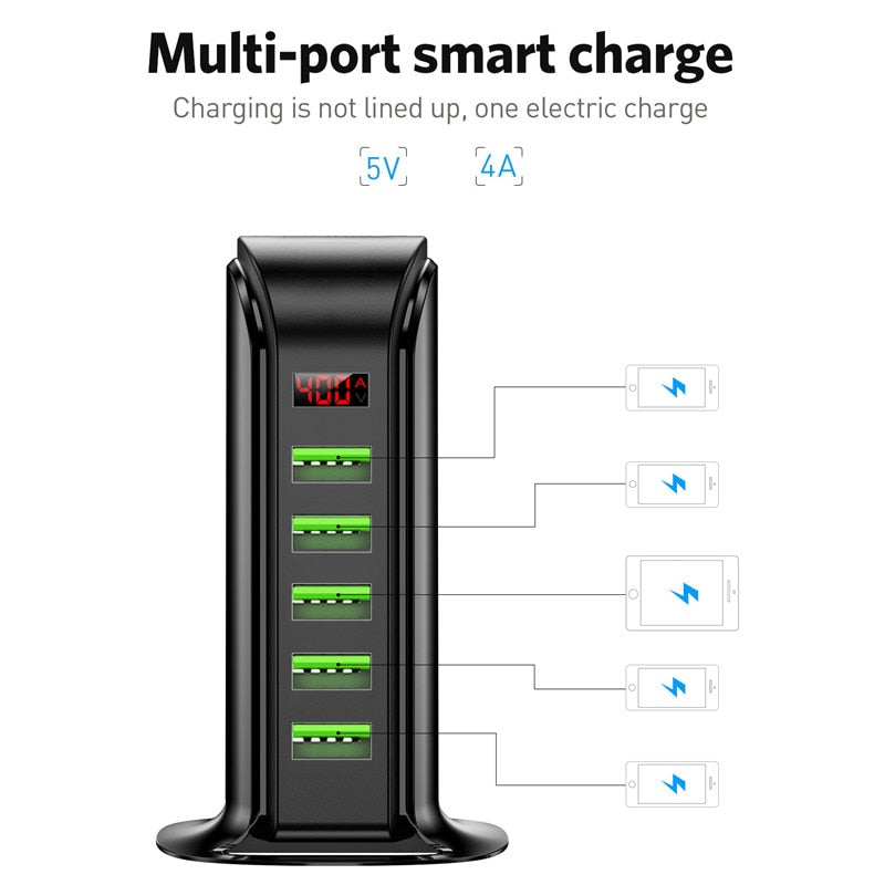 5 Port Multi USB Charger HUB LED Display USB Charging Station Dock Universal Mobile Phone Desktop Wall Home Chargers EU UK Plug