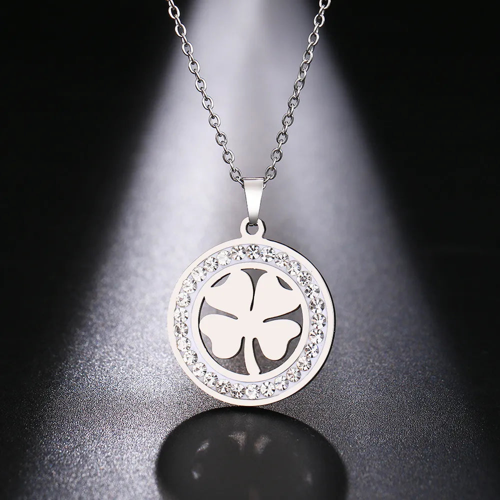 Cacana Stainless Steel Crystal Round Pendants Necklace Women Choker Jewelry Clover Trendy Necklaces Chain Valentine's Day