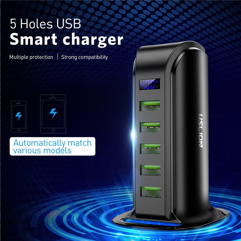 5 Port Multi USB Charger HUB LED Display USB Charging Station Dock Universal Mobile Phone Desktop Wall Home Chargers EU UK Plug