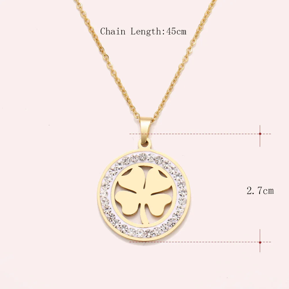 Cacana Stainless Steel Crystal Round Pendants Necklace Women Choker Jewelry Clover Trendy Necklaces Chain Valentine's Day