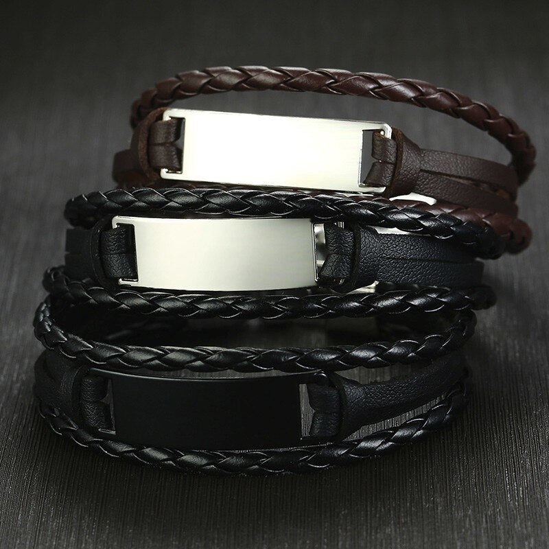 Vnox Free Custom ID Tag Triple Layers Leather Bracelets for Men Stainless Steel Bar Engrave Name Inspiration Pulseira