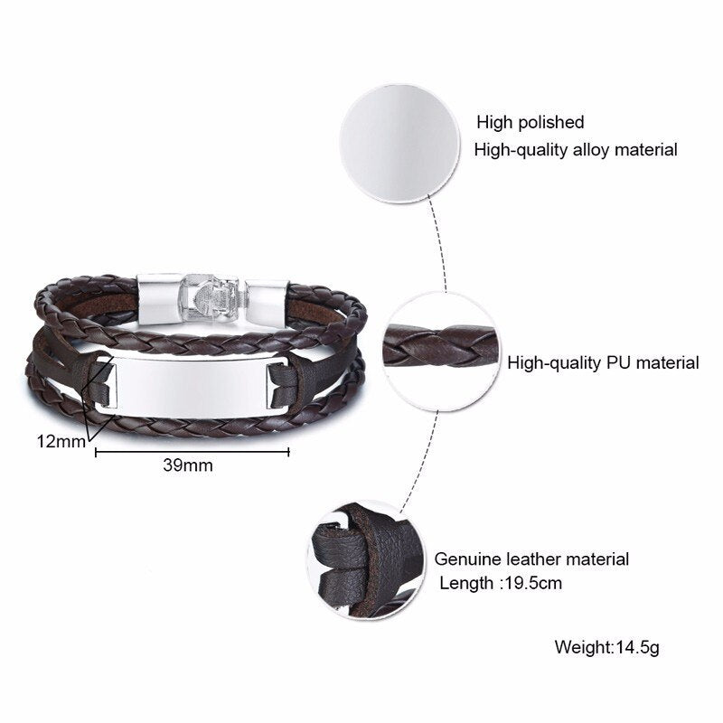 Vnox Free Custom ID Tag Triple Layers Leather Bracelets for Men Stainless Steel Bar Engrave Name Inspiration Pulseira