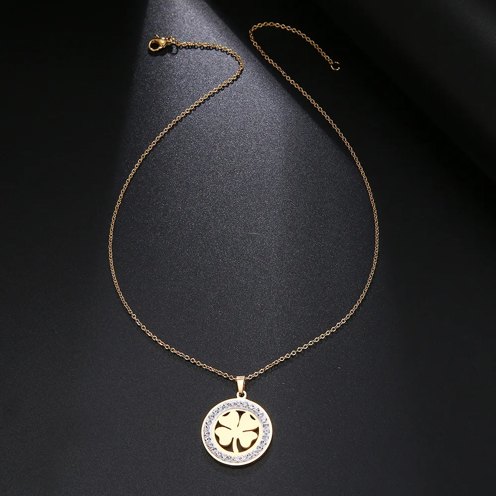 Cacana Stainless Steel Crystal Round Pendants Necklace Women Choker Jewelry Clover Trendy Necklaces Chain Valentine's Day