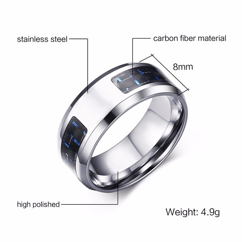 Laser Engraved Wolf Men Ring for Men Stainless Steel Blue Carbon Fibre 8mm Wedding Band