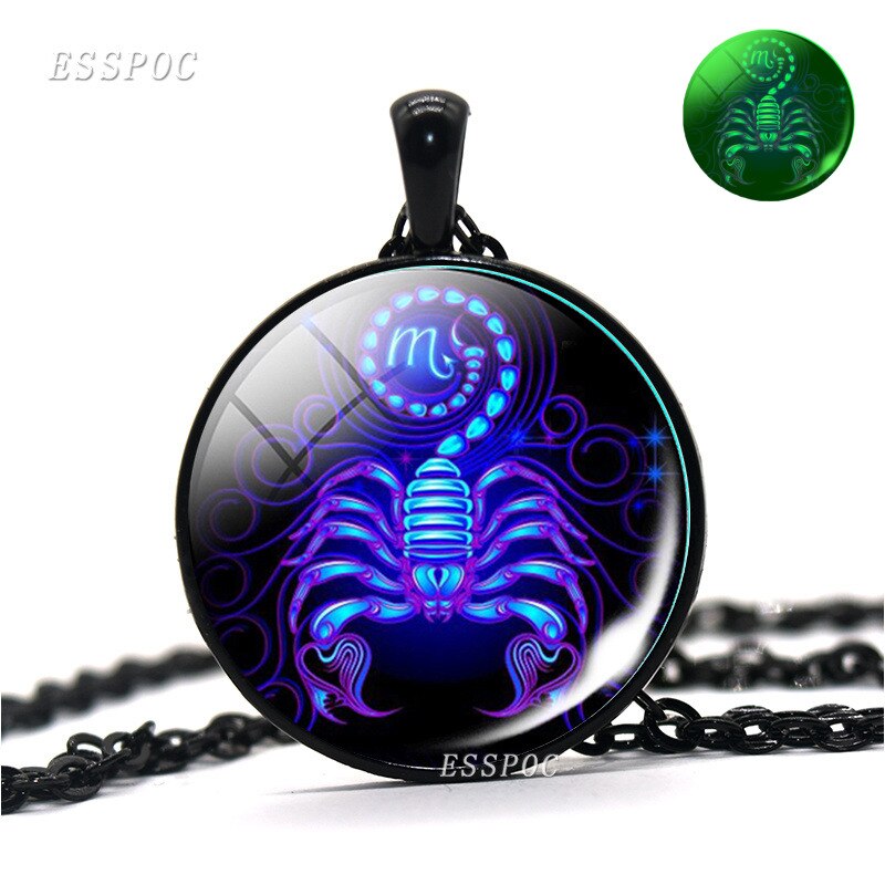 12 Constellations Zodiac Signs Luminous Glass Cabochon Necklace - Leo, Virgo, Cancer, Libra, Gemini, Pisces, Aries and More