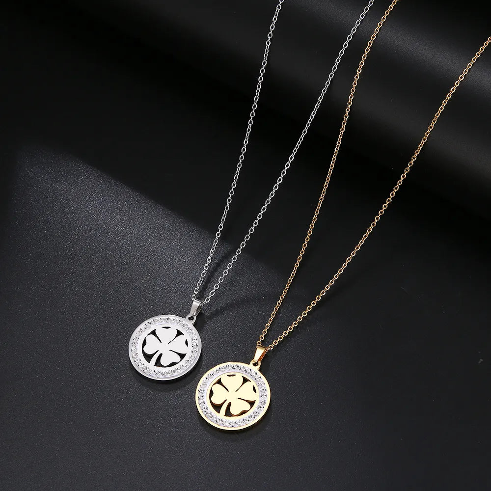 Cacana Stainless Steel Crystal Round Pendants Necklace Women Choker Jewelry Clover Trendy Necklaces Chain Valentine's Day