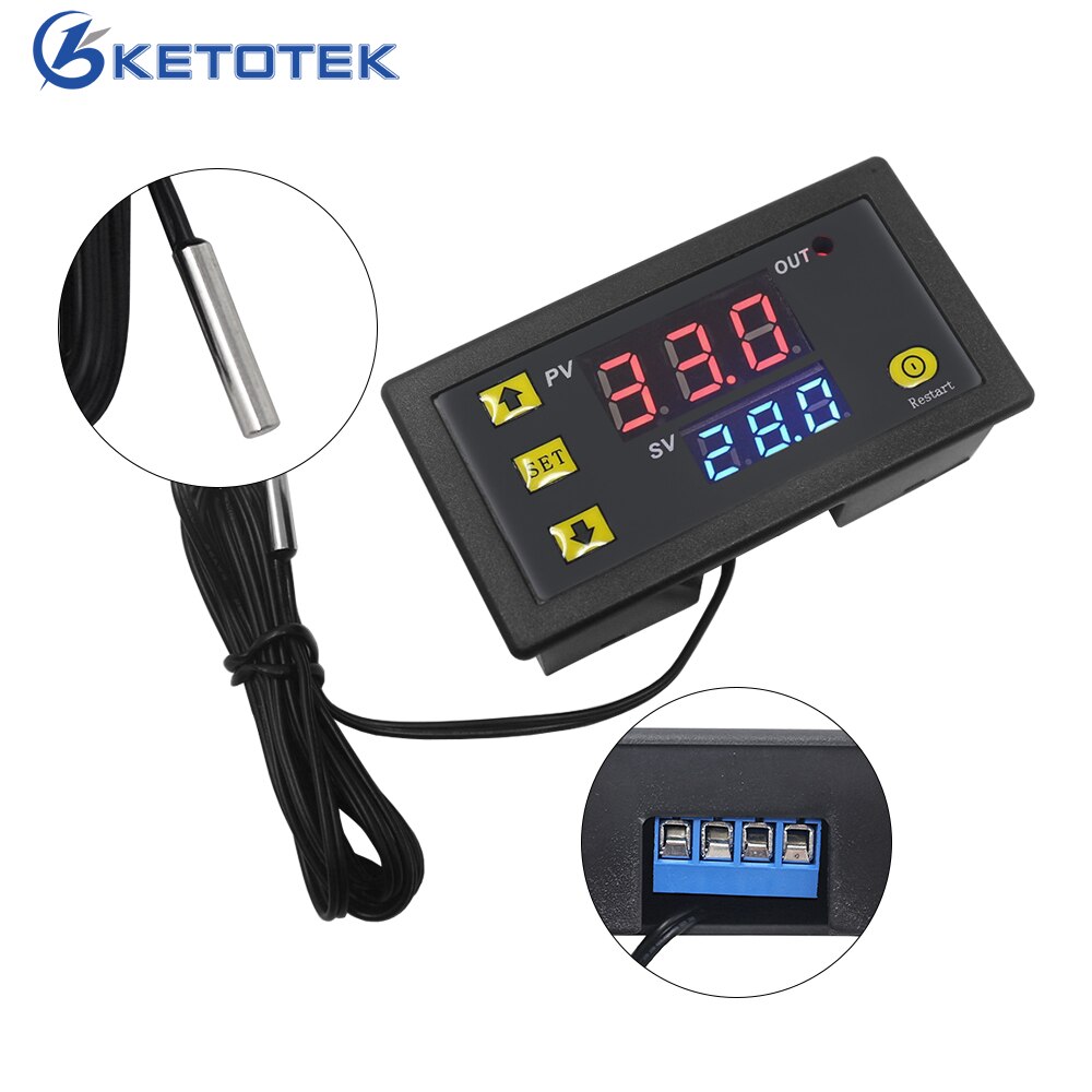 Digital Temperature Controller Thermostat W3230 DC 12V 24V AC110V-220V LED Display Heating Cooling White Black Waterproof Probe