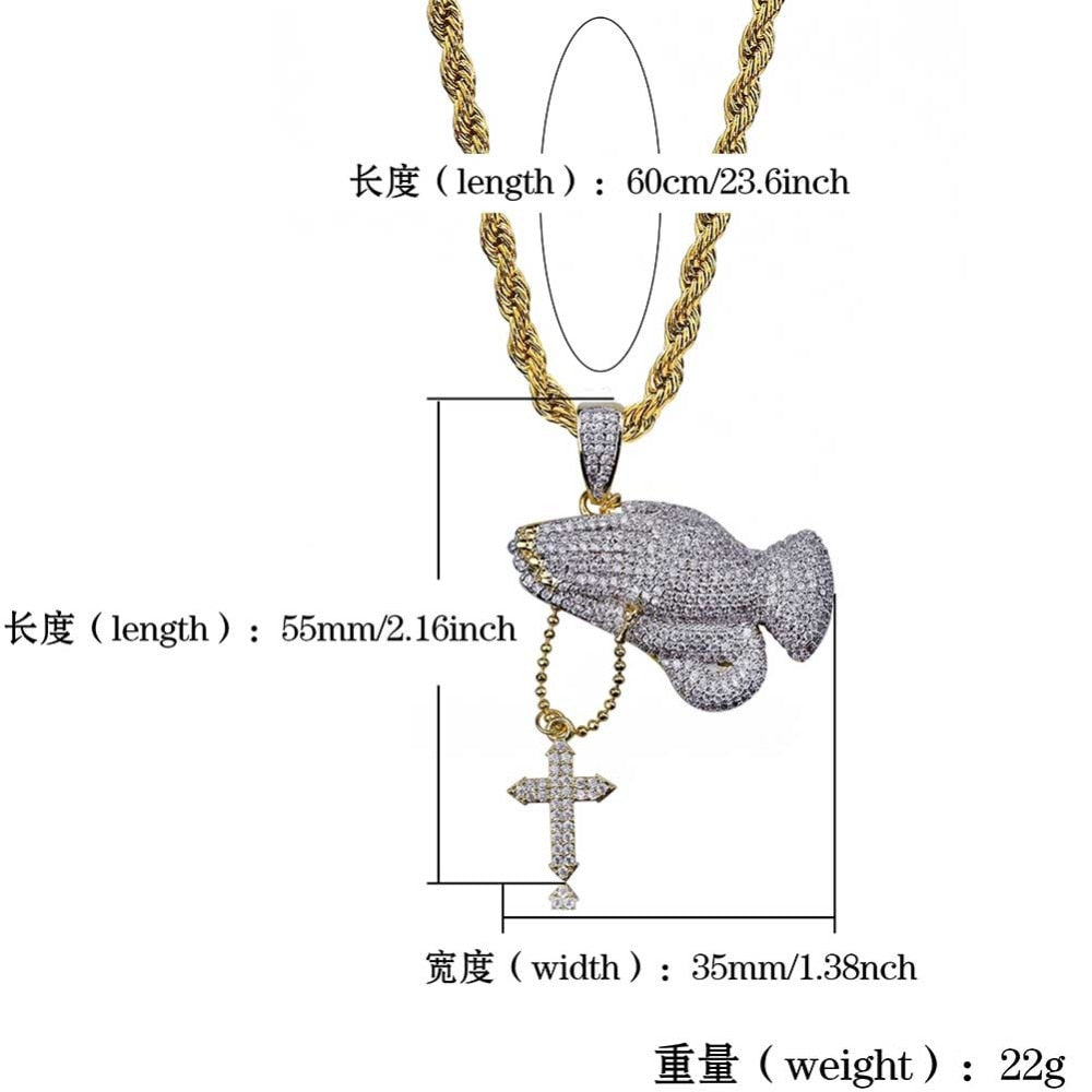 Iced Out Praying Hand Pendant Necklace With Cross Mens/Women Gold Plated Hip Hop Charm Jewelry Necklace Chain For Gifts