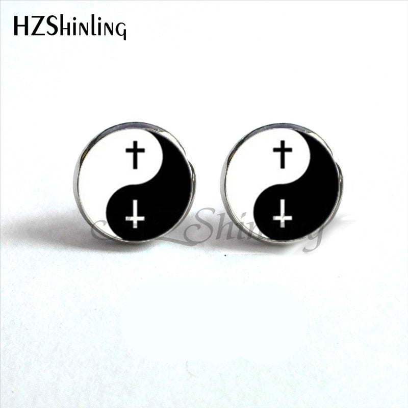 NES-00100  Yin Yang  Earrings Ying Yang  Ear Stud Magic Sign Zen Earrings Glass Cabochon Earrings HZ4