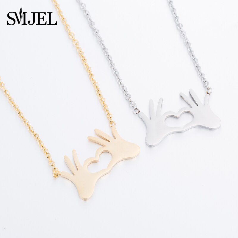 SMJEL Stainless Steel Charm Necklace Fashion Jewelry Hand Love Heart Gesture Necklace Pendant for Women Gift Best friends bijoux