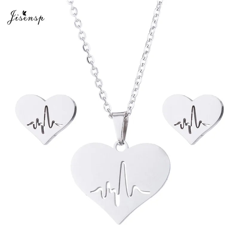 Jisensp Ecg Heartbeat Necklace Love Heart Necklaces Pendants for Women Gold Stainless Steel Jewelry Earrings Doctor Accessories