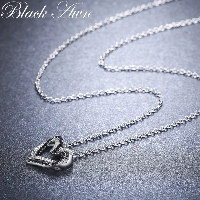 Black Awn Silver Color Necklace Women Jewelry Heart Black&amp;White Stone Pendants P107