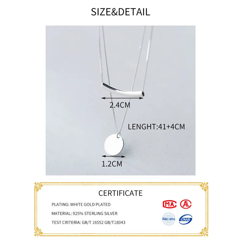 INZATT Real 925 Sterling Silver Layer Chain Geometric Round Disc Bent Pipe Choker Pendant Necklace For Women Party FINE Jewelry