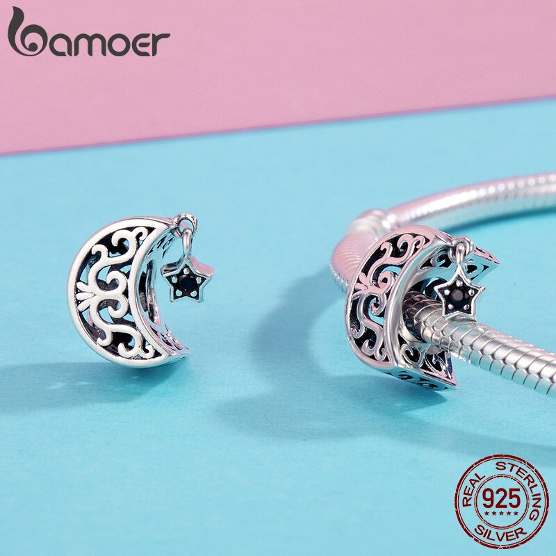 BAMOER 100% 925 Sterling Silver Openwork Moon and Star Goodnight Charm Beads fit Bracelet DIY Jewelry Valentine Day Gift SCC483