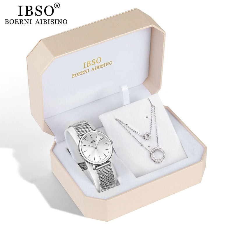 IBSO Brand Women Watch Set Silver Necklace Quartz Watch Set Female Jewelry Set Fashion Creative Crystal Quartz Watch Lady&#39;s Gift