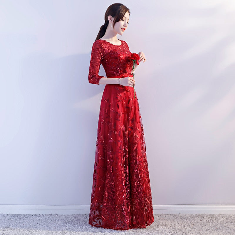 Elegant Women Floor Length Cheongsam Classic Embroidery Qipao Stage Show Performance Dresses Large Size XXXL Sequins Clothes