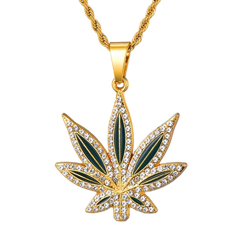 HIP Hop Full Rhinestoned Leaves Bling Iced Out Rope Chain Pendants &amp; Necklaces for Men Jewelry Gold Color