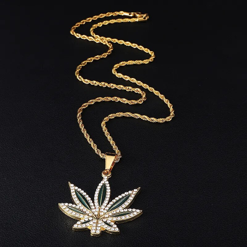 HIP Hop Full Rhinestoned Leaves Bling Iced Out Rope Chain Pendants &amp; Necklaces for Men Jewelry Gold Color