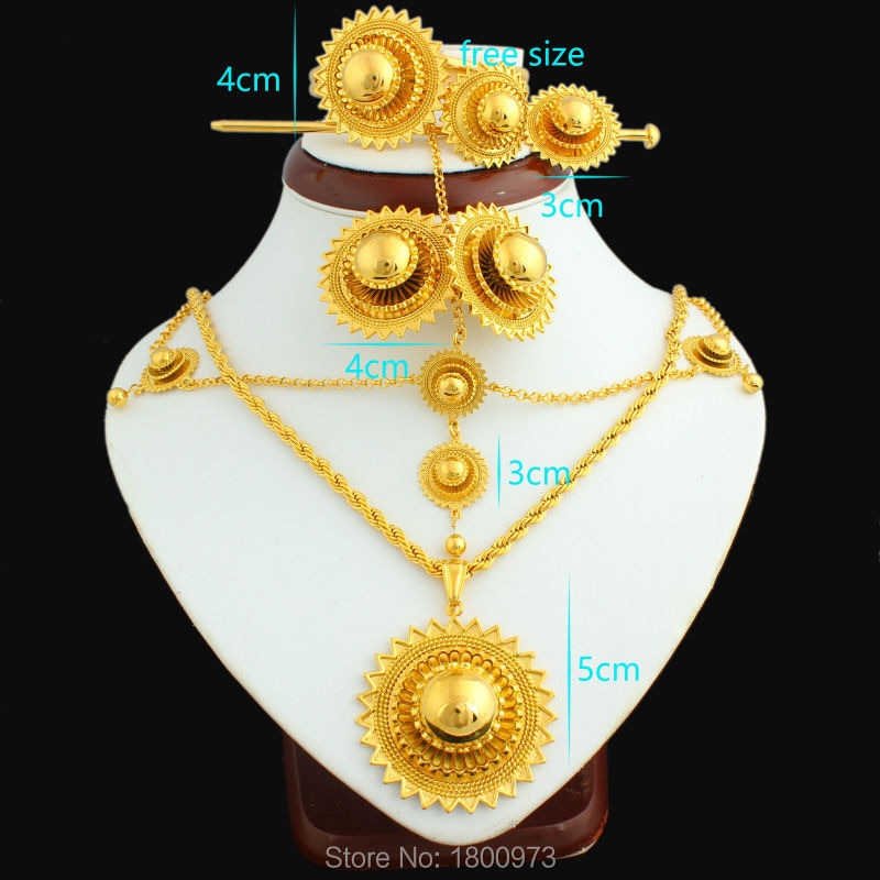 NEW Ethiopian Jewelry Set 24k Gold Color Hair Chain/Pendant /Chain/Earing/Ring/Hair pin/Bangle Eritrea African Wedding item