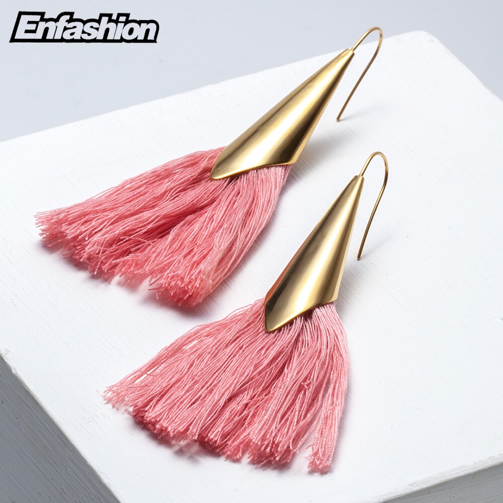 Enfashion Tassels Dangle Earrings Stainless steel Colorful fringe Long Drop Earrings For Women Trendy Earrings Jewelry EEF1013