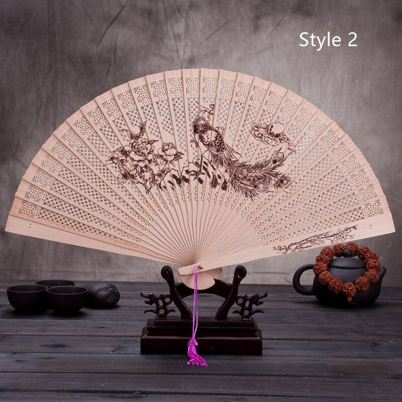 Chinese Japanese Folding Fan Original Wooden Hand Flower Bamboo Classical PrintedFan Ladies Dance Performance and Home Decor