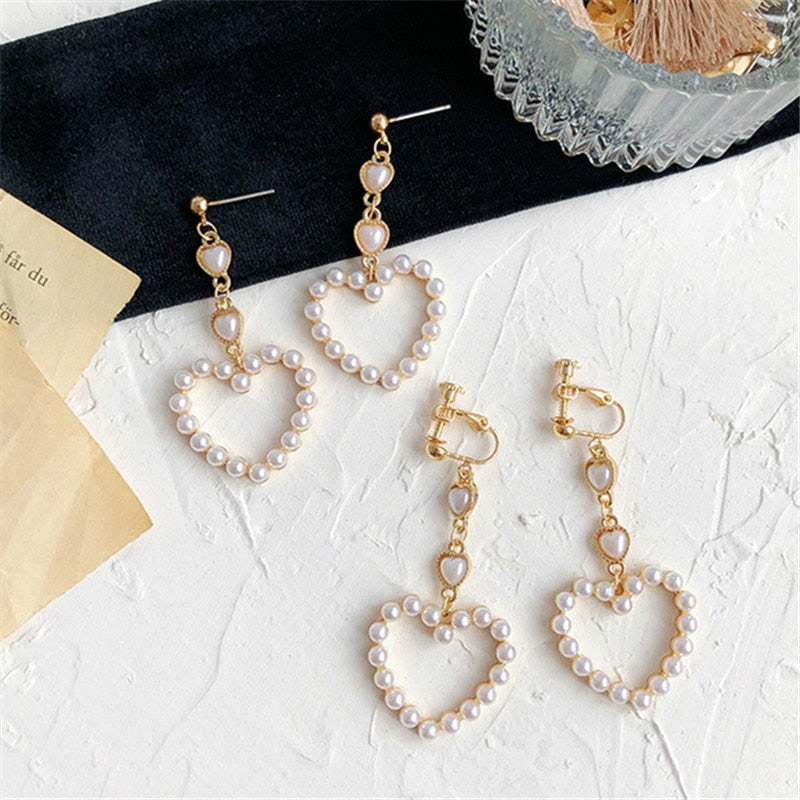 Fashion heart sutd earrings female  Popular long heart pearl earrings banquet jewelry accessories tassel earrings for women