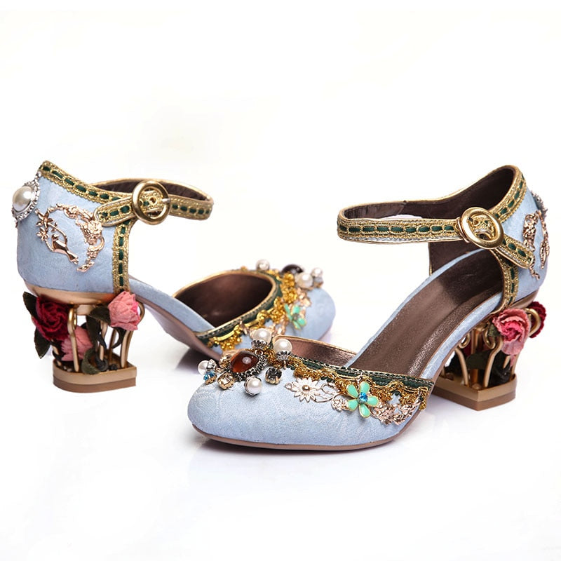 Phoentin velvet strap Chinese wedding shoes women crystal buckle pearl rhinestone flower decoration mary jane shoe FT267