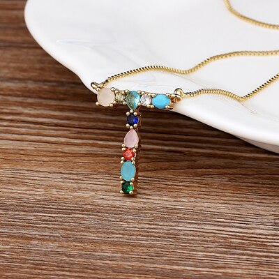 New Arrival Hot Sale Personal Name Letter Necklace Rainbow CZ Initials Alphabet Women Girls Gorgeous Family Jewelry Gift