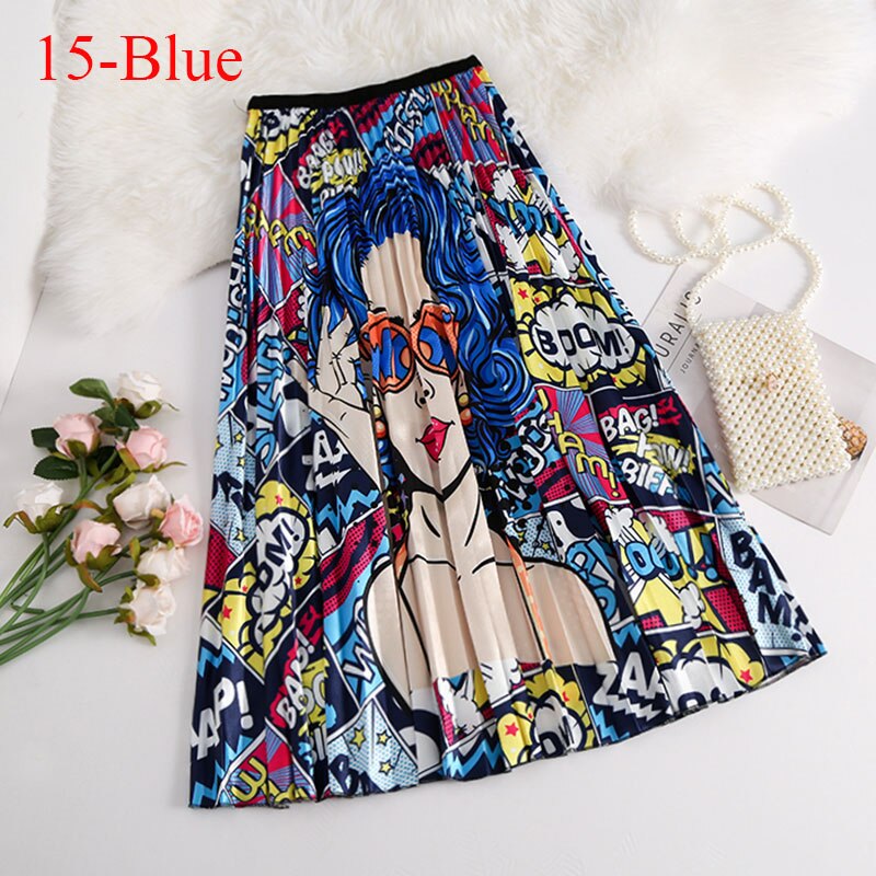 2021 New Printing High Waist Pleated Skirt Women Spring Summer Midi Skirts Womens Elastic Waist A Line Long Skirts For Women Rok