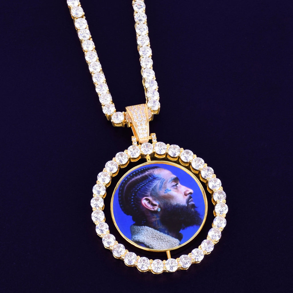 Bubble Letter Custom Photo Necklace for Men Rotating Double-Sided Medallions Spinning Pendant  Hip Hop Jewelry