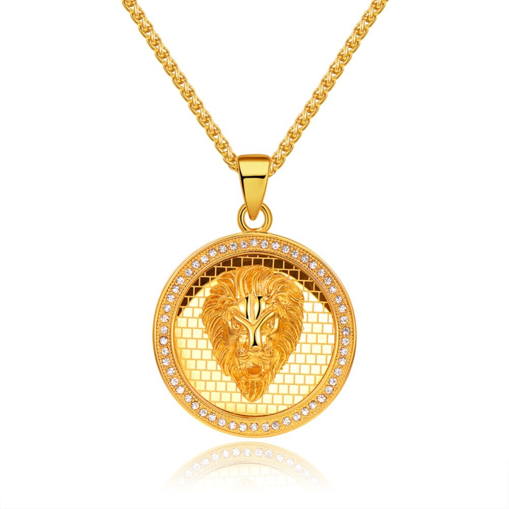 316L Titanium Steel Gold Color Round Lion Head Pendant Necklace with Zircon Fashion Hip Hop Rock Jewelry for Men and Women