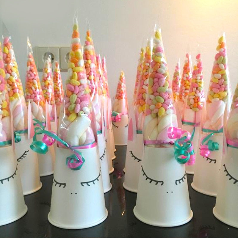 Unicorn Cone Bags 50pcs Cellophane Triangle-Shaped Treat Bags with Twist Ties Snacks Candy Sauce-jam Birthday party decor kids