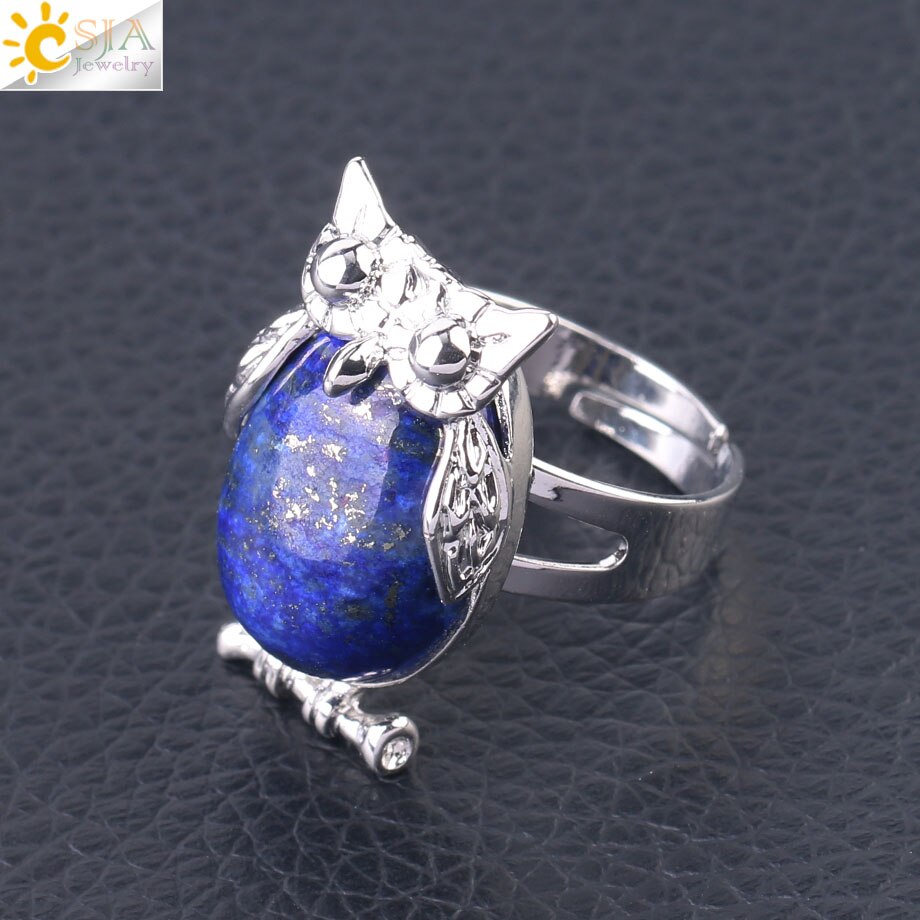CSJA Lovely Owl Women Finger Ring Natural Stone Cabochon Bead Adjustable Rings Silver-color Cute Animal Charm Party Jewelry F566
