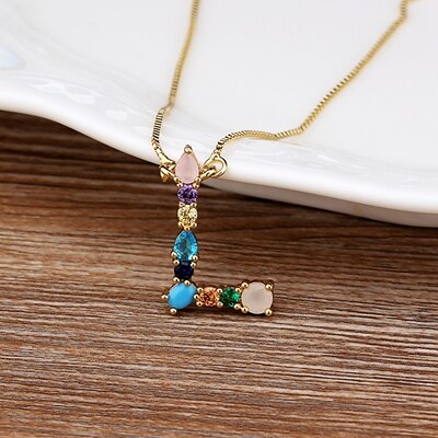 New Arrival Hot Sale Personal Name Letter Necklace Rainbow CZ Initials Alphabet Women Girls Gorgeous Family Jewelry Gift