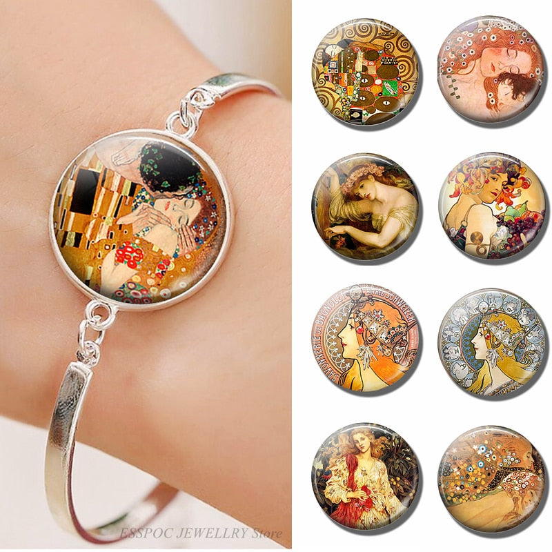 Klimt Bracelet Chain Glass Cabochon Jewelry Art Oil Painting Bangle Klimt&#39;s Kiss Mom and Child Mother Day&#39;s Gifts