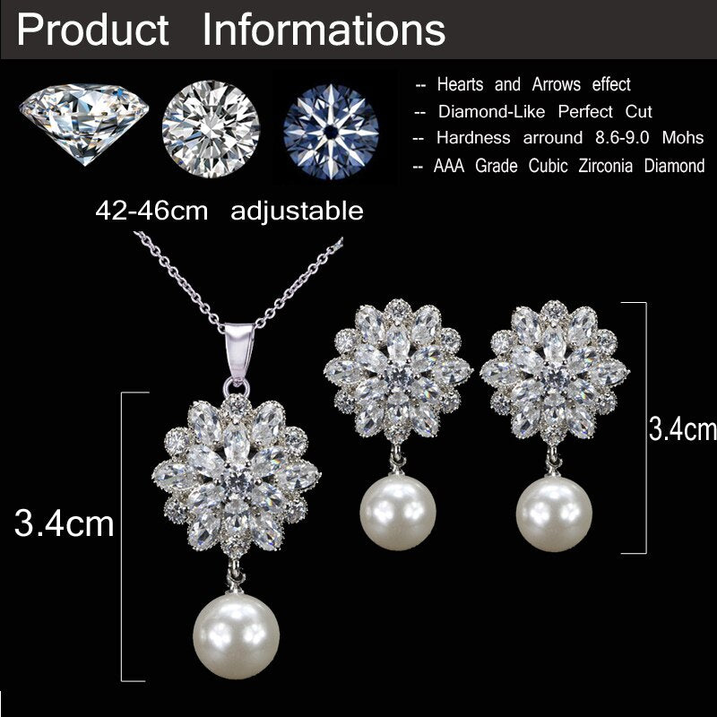 CWWZircons Brand Trendy Women Pearl Jewelry High Quality Zirconia Crystal Ladies Dangling Pendant Necklace And Earring Set T280