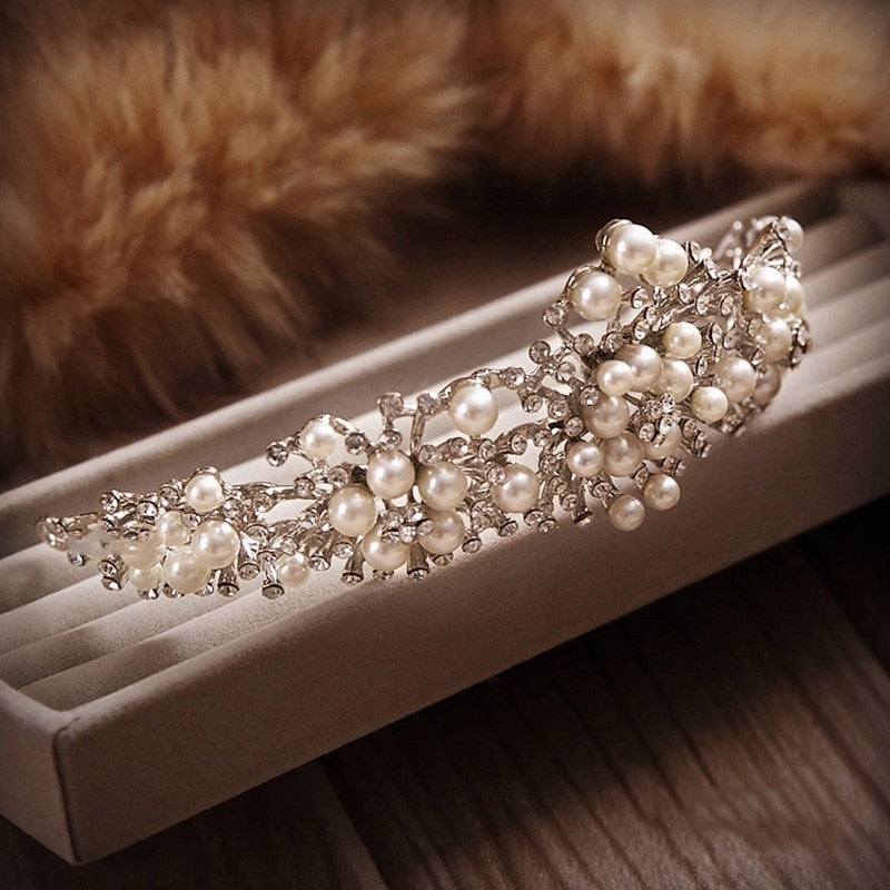 New Fashion Pearl Crown Crystal Tiara Flower Rhinestone Hair Tiaras And Crowns For Wedding Hair Accessories Women Ornaments