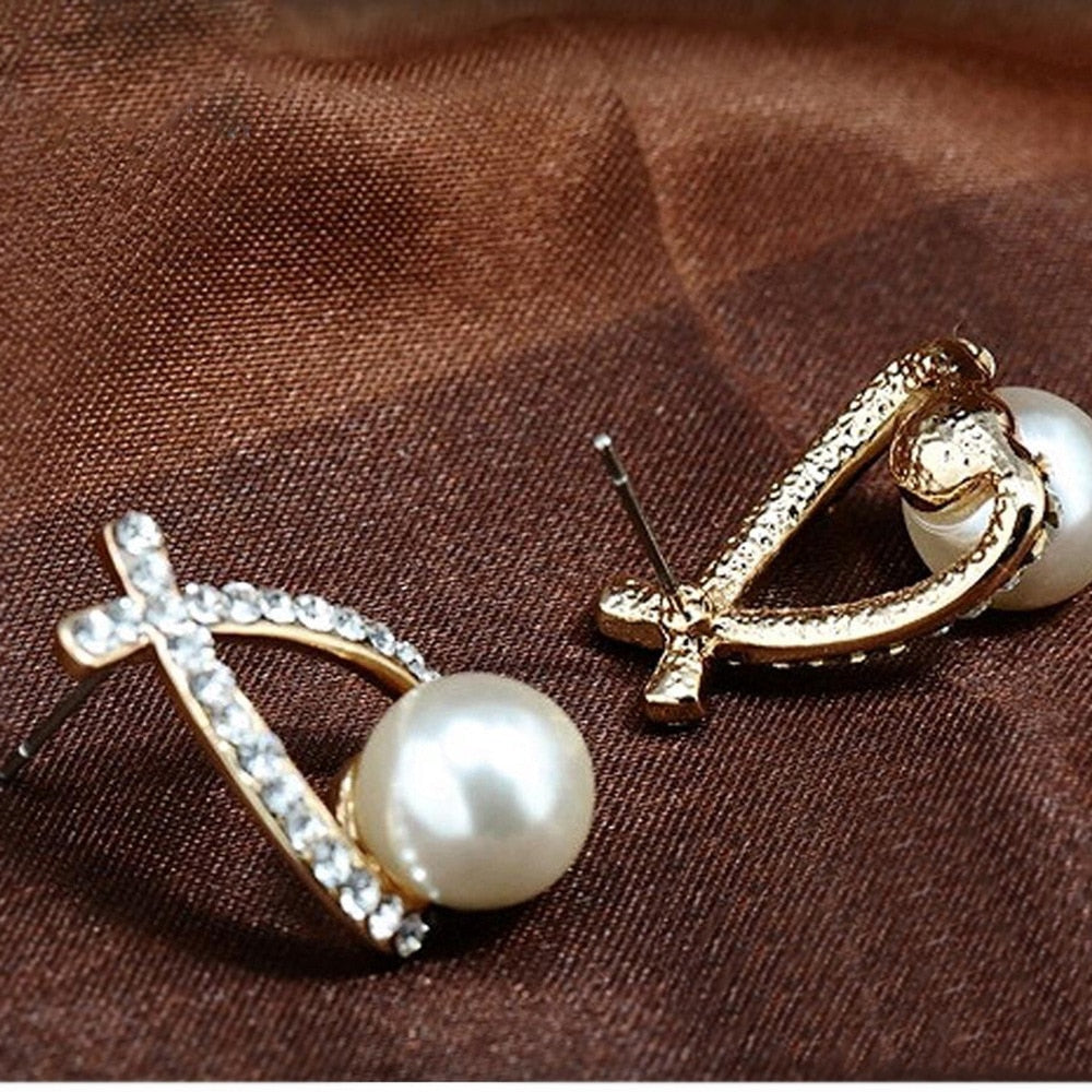 Korea New Fashion Gold Silver Color Cross Crystal Stud Earrings for Women Elegant Cute Pearl Earrings Brincos Jewelry Wholesale