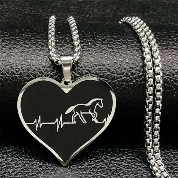 Fashion Horse Stainless Steel Choker Necklace for Men Silver Color Black Heart Necklace Jewelry colgante hombre N1048S01