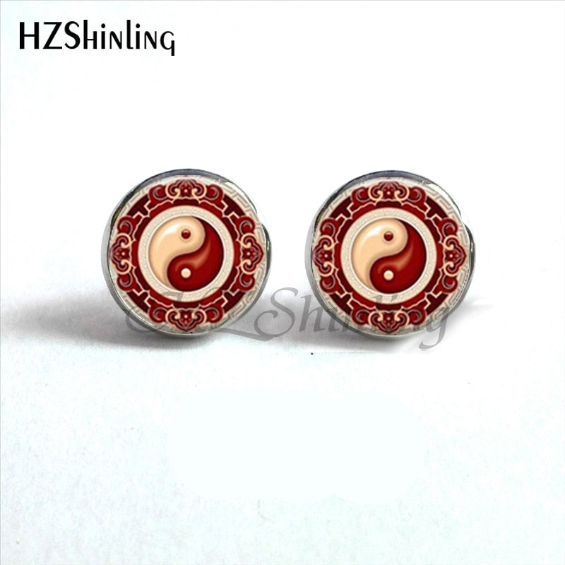 NES-00100  Yin Yang  Earrings Ying Yang  Ear Stud Magic Sign Zen Earrings Glass Cabochon Earrings HZ4