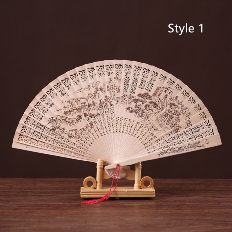 Chinese Japanese Folding Fan Original Wooden Hand Flower Bamboo Classical PrintedFan Ladies Dance Performance and Home Decor