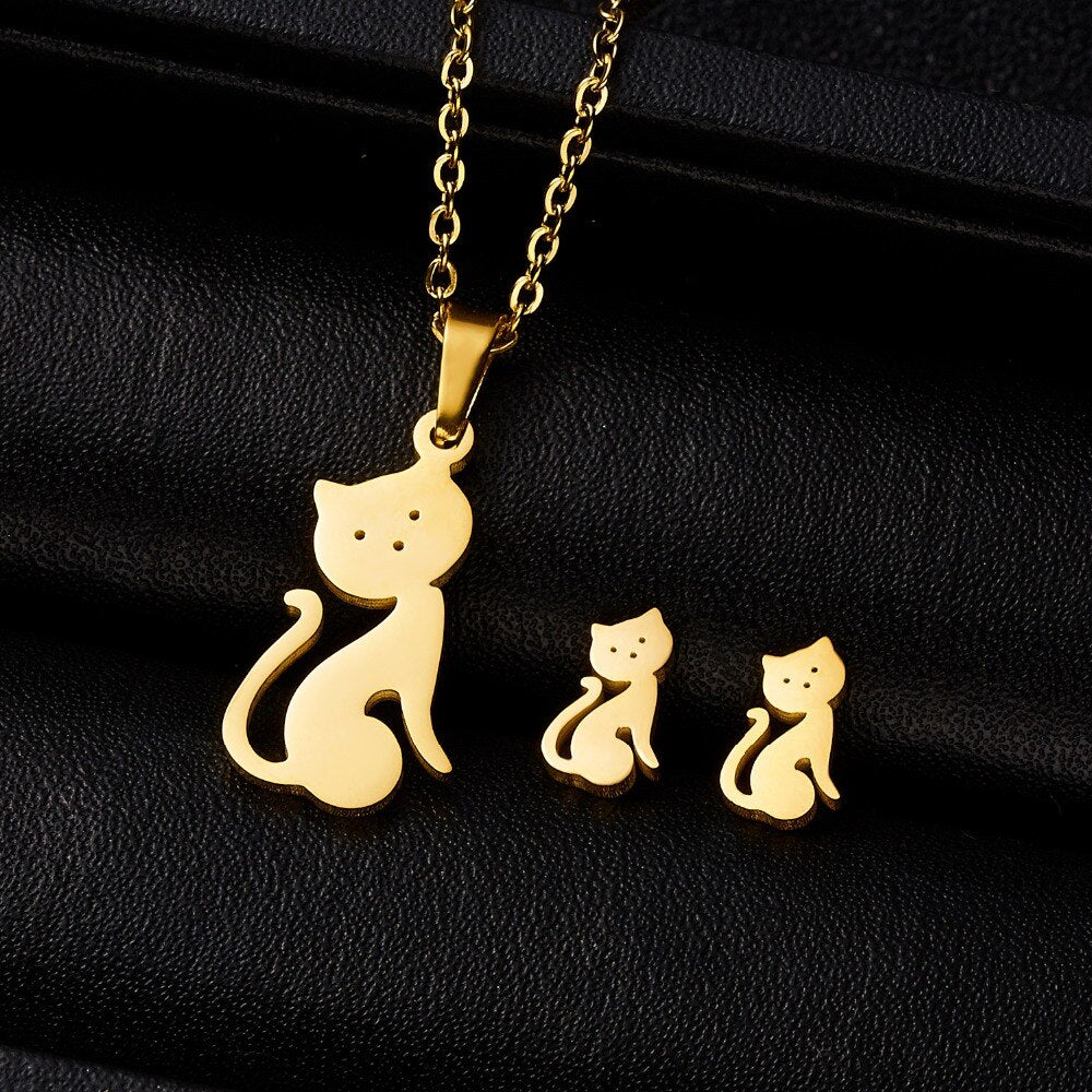 Cute Cat Butterfly Jewelry Set Stainless Steel Animal Infinity 8 Stars Heart Pendant Necklace Earrings Set Best Friends Gift