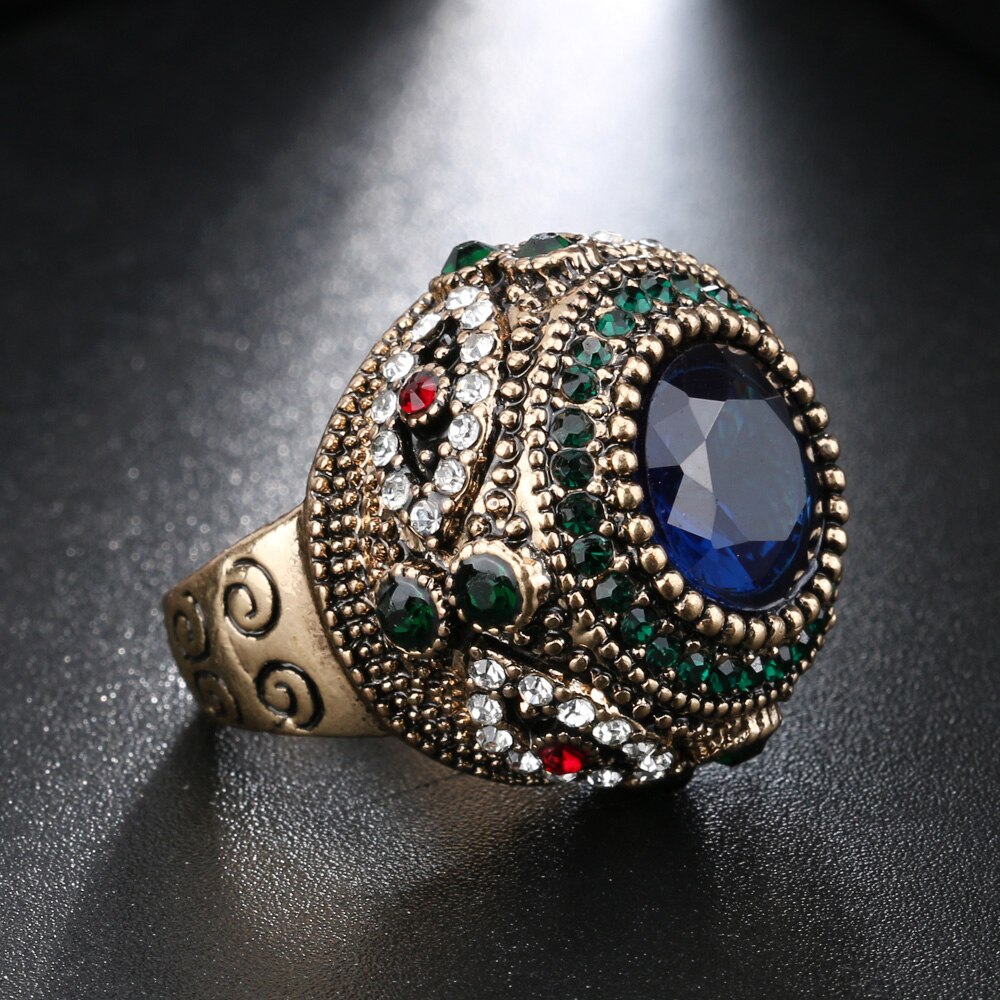 Luxury Dubai Gold Big Blue Stone Ring Mosaic Colorful Crystal Crown Wedding Rings For Women Vintage Boho Statement Jewelry