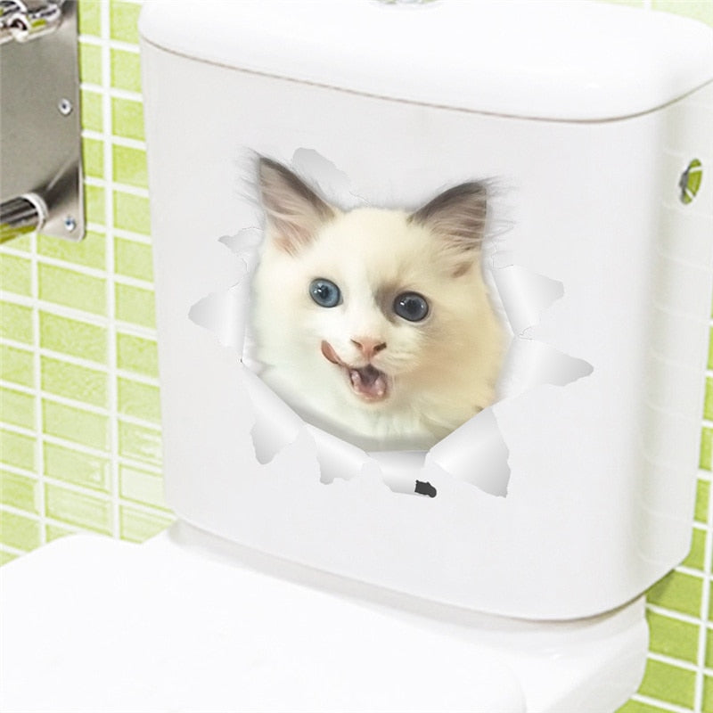 Vivid 3d Hole Cat Dog Animal Toilet Stickers Home Decoration Diy Wc Washroom Pvc Posters Kitten Puppy Cartoon Wall Art Decals