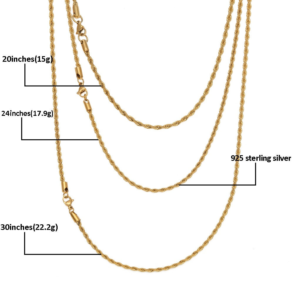UWIN Men Women Hip Hop Rapper's Chain 3mm 18'' 20" 24" 30" Stainless steel Gold Color Rope Link Necklace Fashion Hip hop Jewelry