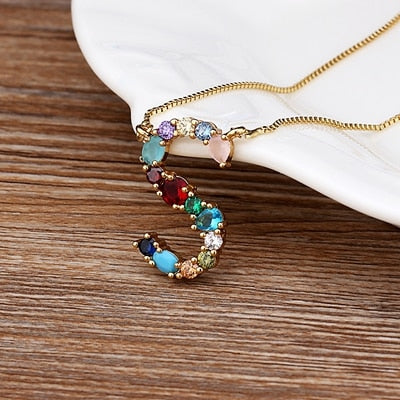 New Arrival Hot Sale Personal Name Letter Necklace Rainbow CZ Initials Alphabet Women Girls Gorgeous Family Jewelry Gift