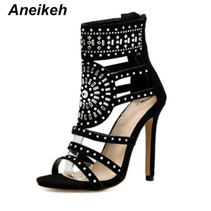 Aneikeh Women Fashion Open Toe Rhinestone Design High Heel Sandals Crystal Ankle Wrap Glitter Diamond Gladiator Black Size 35-42