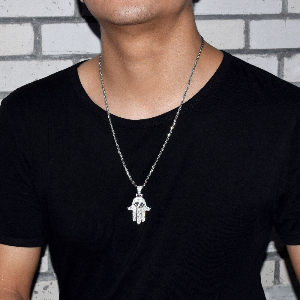 Iced Hand Pendant Necklace Gold Color Cubic Zircon Men&#39;s Hip Hop Jewelry