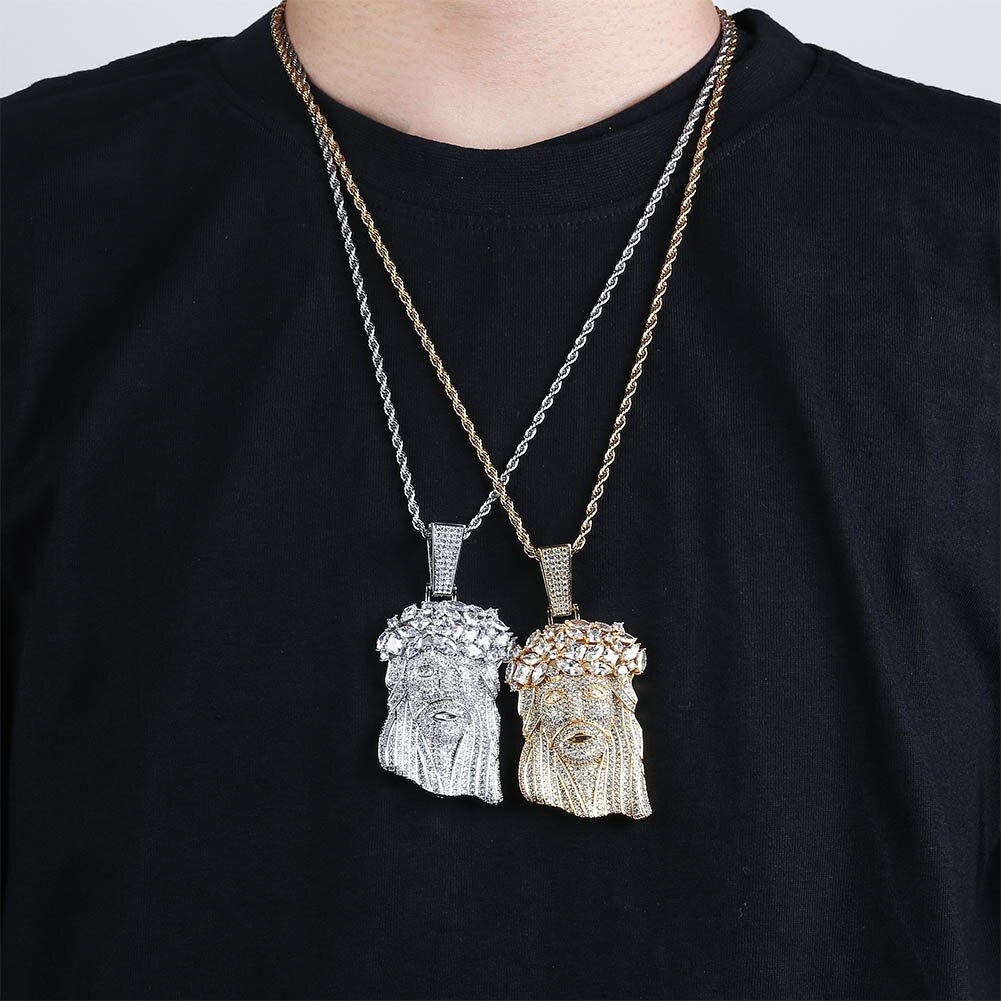 JINAO New Big Jesus Necklace &amp; Pendant With Tennis Chain gold Color Iced Out Cubic Zircon Men&#39;s Hip Hop Jewelry Gift