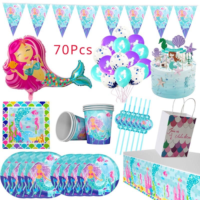 Little Mermaid Party Supplies Mermaid Birthday Parties Disposable Tableware Kit Girl 1st First Birthday Under The Sea Decoration